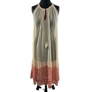 VTG FREE PEOPLE Beige Red Sheer Maxi Dress Tie Sleeveless Polka Dot Size S Small